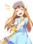  :d asutora blue_shirt brown_eyes brown_hair closed_eyes commentary_request facing_viewer flat_cap hat hataraku_saibou highres long_hair open_mouth outstretched_arms platelet_(hataraku_saibou) shirt simple_background smile solo thermos white_background white_hat 