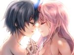  1girl bangs black_hair blue_horns breasts closed_eyes clothed_female_nude_male commentary couple darling_in_the_franxx eyebrows_visible_through_hair face-to-face facing_another forehead-to-forehead herozu_(xxhrd) hetero hiro_(darling_in_the_franxx) holding_hands horns interlocked_fingers long_hair looking_at_another medium_breasts nude oni_horns pink_hair red_horns spoilers zero_two_(darling_in_the_franxx) 