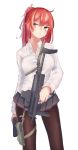  ahoge bangs black_legwear black_skirt breasts bright_pupils candy closed_mouth collared_shirt commentary_request contrapposto dress_shirt food girls_frontline gun h&amp;k_mp7 hair_bobbles hair_ornament head_tilt heckler_&amp;_koch highres holding holding_gun holding_weapon inniyik large_breasts lollipop long_hair long_sleeves looking_to_the_side miniskirt mp7_(girls_frontline) pantyhose pink_hair pleated_skirt ponytail shirt simple_background skirt solo standing submachine_gun weapon white_background white_shirt wing_collar yellow_eyes 