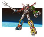  arm_cannon commentary cross deviantart_username earth emblem emerson_tung energy_cannon english_commentary fangs glowing glowing_eyes golion_(mecha) highres hyakujuu-ou_golion jaws lion mecha orbit original planet polearm redesign science_fiction shouting signature space star super_robot sword trident voltron_(mecha) weapon 