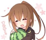  :3 :d blush brown_hair closed_eyes commentary crescent crescent_moon_pin ears_visible_through_hair eyebrows_visible_through_hair floral_background food fruit fumizuki_(kantai_collection) heart heart_in_mouth kantai_collection long_hair open_mouth ponytail smile solo translated upper_body watermelon white_background yoru_nai 
