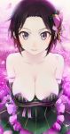  black_hair blush breasts cherry_blossoms cleavage crossed_arms dress elbow_gloves farne_(sennen_sensou_aigis) gloves highres kamemushi_(hoozuki) looking_at_viewer medium_breasts petals purple_eyes sennen_sensou_aigis short_hair sidelocks solo 