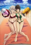  2girls alisa_ilinichina_amiella barefoot beach bikini blue_eyes breasts brown_hair can cleavage cloud clouds cloudy_sky feet god_eater large_breasts long_hair looking_at_viewer multiple_girls navel offering_drink official_art red_eyes sand short_hair sideboob sky smile soda_can swimsuit tachibana_sakuya_(god_eater) toes towel water white_hair 