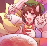  animal_ear_fluff animal_ears bacun cat_ears chen commentary fang feeding food fork fox_tail highres kitsune meme multiple_girls multiple_tails outstretched_arms parody pasta plate spaghetti stain tail touhou yakumo_ran 