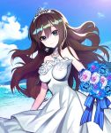  blue_bow blue_flower blue_rose bouquet bow brown_hair choker closed_mouth cloud day dress earrings flower green_eyes holding holding_bouquet idolmaster idolmaster_cinderella_girls idolmaster_cinderella_girls_starlight_stage jewelry kyundoo long_hair looking_at_viewer multicolored multicolored_rose outdoors rose shibuya_rin sky smile solo strapless strapless_dress tiara water white_dress white_flower white_rose 