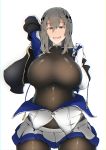  absurdres arm_behind_head azur_lane black_legwear breasts eyebrows_visible_through_hair gauntlets grey_hair hair_between_eyes hair_ornament highres large_breasts looking_at_viewer miniskirt mole mole_under_eye open_mouth pantyhose pleated_skirt red_eyes saint-louis_(azur_lane) shiworiita simple_background skirt smile solo white_background 