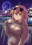  absurdres ahoge alternate_costume aviator_sunglasses bangs blonde_hair blurry blurry_background blush breasts chinese_commentary city_lights closed_mouth commentary_request eyebrows_visible_through_hair eyewear_on_head ferris_wheel girls_frontline green_eyes hands highres large_breasts long_hair looking_at_viewer m1918_bar_(girls_frontline) meme_attire night open-chest_sweater outdoors ribbed_sweater rifusutaku sidelocks smile solo sunglasses sweater upper_body very_long_hair 