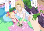  1girl android_18 animankan bare_shoulders bed blonde_hair bob_cut breasts cleavage clenched_teeth dragon_ball dragonball_z erection erection_under_clothes from_above green_skin hair_ribbon highres indoors jewelry large_breasts legs lying mother_and_daughter navel necklace on_bed on_side onomatopoeia panties pearl_necklace piccolo_daimaou pillow ribbon short_hair sleeping teeth thighs translation_request twintails underwear 