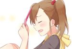  blush brown_hair cellphone closed_eyes demirinz flip_phone futami_mami hair_bobbles hair_ornament hood hoodie idolmaster idolmaster_(classic) idolmaster_million_live! long_hair open_mouth phone side_ponytail solo upper_body 