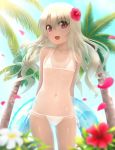  :d arms_behind_back backlighting bare_shoulders bikini blonde_hair blurry collarbone commentary day depth_of_field eyebrows_visible_through_hair eyes_visible_through_hair fate/kaleid_liner_prisma_illya fate_(series) flat_chest flower hair_flower hair_ornament highres illyasviel_von_einzbern innertube long_hair navel one-piece_tan open_mouth outdoors palm_tree petals red_eyes side-tie_bikini siraha smile solo string_bikini swimsuit tan tanline tree wavy_hair white_bikini 