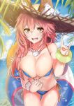  absurdres animal_ear_fluff animal_ears bikini blue_bikini blush breasts cleavage collarbone day ears_through_headwear fang fate/grand_order fate_(series) fox_ears fox_shadow_puppet fox_tail hat highres innertube large_breasts long_hair looking_at_viewer navel ocean oni_no_shura open_mouth outdoors palm_leaf palm_tree pink_hair side-tie_bikini solo straw_hat sweat swimsuit tail tamamo_(fate)_(all) tamamo_no_mae_(swimsuit_lancer)_(fate) tree yellow_eyes 