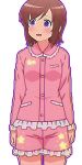  1girl blush brown_hair female futsuu_no_joshikousei_ga_locodol_yattemita open_mouth pajamas purple_eyes short_hair smile solo usami_nanako waving white_background 