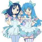  bangs blue_eyes blue_hair bow choker commentary_request dress eyebrows_visible_through_hair frilled_dress frills fujise grin hair_bow happinesscharge_precure! heart heartcatch_precure! holding_hands interlocked_fingers kurumi_erika long_hair multiple_girls open_mouth pantyhose petticoat precure puffy_short_sleeves puffy_sleeves pun round_teeth shirayuki_hime short_sleeves simple_background sleeveless smile teeth thick_eyebrows thighhighs translation_request white_background wrist_cuffs zettai_ryouiki 