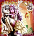  2018 aged_up anibaruthecat anthro blaze-lupine_(character) canine clothed clothing diamond_tiara_(mlp) digital_media_(artwork) duo equine female friendship_is_magic grin hair hi_res legwear looking_at_viewer mammal multicolored_hair my_little_pony one_eye_closed open_mouth smile two_tone_hair 