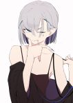  antennae bare_shoulders blue_eyes camisole commentary_request fingernails grey_hair looking_at_viewer nail_polish off_shoulder one_eye_closed original purple_nails sharp_fingernails short_hair simple_background sohin solo white_background 