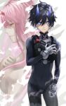  1girl bangs black_bodysuit black_hair blue_eyes blue_horns bodysuit breasts closed_eyes commentary_request couple darling_in_the_franxx eyebrows_visible_through_hair gloves hair_over_breasts hand_on_own_chest hetero highres hiro_(darling_in_the_franxx) horns long_hair looking_at_viewer medium_breasts oni_horns pilot_suit pink_hair red_horns sa_nomaru shirtless white_gloves zero_two_(darling_in_the_franxx) 