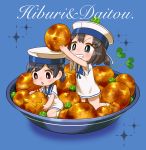  black_hair blue_background blue_eyes blue_sailor_collar brown_eyes chaki_(teasets) character_name daitou_(kantai_collection) dress food grin hat hiburi_(kantai_collection) kantai_collection minigirl multiple_girls open_mouth oversized_object ponytail potato sailor_collar sailor_dress sailor_hat short_hair short_sleeves smile sparkle_background white_hat 