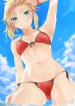  absurdres arm_up armpits bangs bare_arms bare_shoulders bikini blonde_hair blue_sky breasts cloud collarbone commentary_request day dutch_angle eyebrows_visible_through_hair fate/grand_order fate_(series) from_below front-tie_bikini front-tie_top green_eyes grin groin highres looking_at_viewer looking_down mordred_(fate)_(all) mordred_(swimsuit_rider)_(fate) navel outdoors red_bikini side-tie_bikini sky small_breasts smile solo swimsuit tomozero water wet wet_hair 