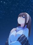  bangs blue_eyes blue_sweater blush breasts brown_hair closed_mouth commentary_request eyebrows_visible_through_hair hair_between_eyes hairband hand_up idolmaster idolmaster_cinderella_girls jewelry long_hair long_sleeves looking_away looking_up medium_breasts night night_sky pendant profile sagisawa_fumika shawl sky smile solo star_(sky) starry_sky sweater ushi white_hairband 