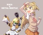  1girl :d blonde_hair character_name clenched_hand commentary eyebrows_visible_through_hair fang gazacy_(dai) green_eyes idolmaster idolmaster_cinderella_girls jougasaki_rika long_hair medarot metabee open_mouth orange_skirt outstretched_arm pleated_skirt robot simple_background skirt smile sweater_vest two_side_up v-shaped_eyebrows watch wristwatch 