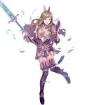  armor bangs belt boots breastplate broken broken_weapon brown_eyes brown_hair dress elbow_gloves feathers fire_emblem fire_emblem:_kakusei fire_emblem_heroes full_body garter_straps gauntlets gloves hair_ornament highres holding holding_weapon long_hair official_art open_mouth pikomaro polearm short_dress shorts shoulder_armor shoulder_pads sidelocks solo spear sumia thigh_boots thighhighs torn_clothes transparent_background weapon 