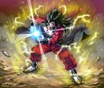  abs aura black_hair blue_eyes boots chest dragon_ball dragon_ball_heroes earrings electricity fur gloves instagram_username jewelry kim_yura_(goddess_mechanic) long_hair male_focus monkey_tail muscle potara_earrings shirtless solo spiked_hair super_saiyan_4 tail twitter_username vegetto watermark white_gloves wristband 