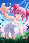  alternative_girls aqua_eyes arm_support bangs bare_shoulders blue_sky blurry_foreground blush bow bracelet breasts buttons cherry_blossoms cloud cloudy_sky collarbone day dress eyebrows_visible_through_hair fingernails grass hair_bow highres jewelry kneeling leaf looking_at_viewer mano_sakurako medium_breasts official_art open_mouth outdoors pink_bow pink_hair pink_petals sky twintails white_dress 