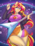  2018 anthro big_breasts breasts catnamedfish clothed clothing digital_media_(artwork) electric_guitar equestria_girls equine female grin guitar hair hi_res horn long_hair looking_at_viewer mammal multicolored_hair musical_instrument my_little_pony skirt smile solo sunset_shimmer_(eg) two_tone_hair unicorn 
