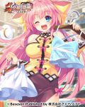  blue_eyes bow brown_skirt bucchake_(asami) choukaku clothes clothes_hanger commentary_request hair_bow holding koihime_musou long_hair official_art one_eye_closed open_mouth pink_hair ribbon shirt skirt sleeveless sleeveless_shirt smile solo yellow_shirt 