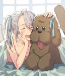  ^_^ alternate_hairstyle chin_rest closed_eyes dog hair_ribbon long_hair lying makkachin male_focus momo_(22081240) on_stomach open_mouth ribbon shirtless silver_hair smile teenage tongue tongue_out twintails under_covers viktor_nikiforov younger yuri!!!_on_ice 
