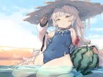  anthropomorphism azur_lane bee_(artist) choker clouds cross food fruit gloves gray_hair hat loli long_hair orange_eyes pool sky swimsuit tattoo water watermelon z46_(azur_lane) 