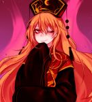  ;) aura bags_under_eyes black_dress blonde_hair chinese_clothes commentary_request dress eyebrows_visible_through_hair hair_between_eyes hand_on_own_chin headdress junko_(touhou) long_hair long_sleeves looking_at_viewer one_eye_closed red_dress red_eyes shan sleeves_past_fingers sleeves_past_wrists smile solo tassel touhou upper_body very_long_hair wide_sleeves yellow_neckwear 