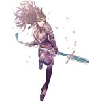  armor bangs belt boots breastplate brown_eyes brown_hair closed_mouth dress elbow_gloves fire_emblem fire_emblem:_kakusei fire_emblem_heroes flower full_body garter_straps gauntlets gloves hair_ornament highres holding holding_weapon leg_up long_hair official_art petals pikomaro polearm short_dress shoulder_armor shoulder_pads sidelocks solo spear sumia thigh_boots thighhighs transparent_background weapon zettai_ryouiki 