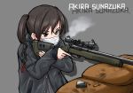  1girl aiming asanaya breath brown_eyes brown_hair character_name eyes_visible_through_hair gun highres idolmaster idolmaster_cinderella_girls jacket magazine_(weapon) rifle sandbag simple_background sniper_rifle solo sunazuka_akira surgical_mask trigger_discipline twintails weapon 