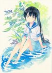  agahari bangs barefoot black_hair blue_neckwear blue_ribbon blue_sailor_collar blue_skirt calligraphy_brush_(medium) closed_mouth colored_pencil_(medium) commentary_request highres leaf long_hair looking_at_viewer neck_ribbon original partially_submerged pleated_skirt ponytail ribbon sailor_collar shirt short_sleeves sitting skirt solo traditional_media very_long_hair water white_shirt yellow_eyes 