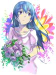  bangs blue_hair bouquet collarbone commentary_request dress flower flower_request hair_between_eyes holding holding_bouquet joint06 long_hair looking_away love_live! love_live!_school_idol_project purple_flower short_sleeves sketch solo sonoda_umi 