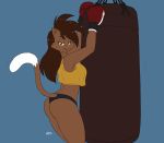  2018 anthro athletic bedroom_eyes blue_background boxing boxing_gloves bra breasts brown_eyes brown_fur brown_hair brown_tail butt cat clothing deborah_bispo dipstick_tail drawing-4ever eyebrows eyelashes feline female fur hair half-closed_eyes inner_ear_fluff long_hair looking_at_viewer mammal multicolored_tail open_mouth open_smile pink_nose pose punching_bag seductive side_boob signature simple_background smile solo sport standing two_tone_tail underwear wendel2 white_tail 