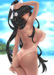  absurdres arm_up ass azur_lane beach black_hair blush bow breasts day hair_flaps hair_ornament hayama_kazusa highres large_breasts long_hair looking_at_viewer nipples nude one-piece_tan ponytail sky solo takao_(azur_lane) tan tanline white_bow yellow_eyes 