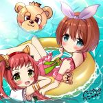  :d afloat bangs bare_shoulders blue_eyes blush brown_hair character_request closed_mouth commentary_request crown eyebrows_visible_through_hair fang green_eyes hair_between_eyes hair_ornament hair_ribbon hairband hand_up heart heart_in_eye highres innertube kuribayashi_kurumi long_hair looking_at_viewer looking_to_the_side mini_crown multiple_girls nyano21 open_mouth partially_submerged pink_swimsuit princess_connect! princess_connect!_re:dive purple_ribbon red_eyes red_hairband ribbon short_hair signature smile star swimsuit symbol_in_eye twintails very_long_hair water yellow_innertube 