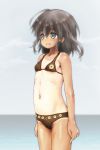  1girl bare_arms bare_shoulders bikini black_hair child cowboy_shot esan_(llamaesan) eyebrows_visible_through_hair female hair_between_eyes long_hair navel one-piece_tan original solo standing swimsuit tan tanline 