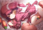  animal_ears animal_hat arm_up bandana bed_sheet between_thighs blush breasts brown_hair bullpup bunny_ears bunny_hat carrot closed_mouth commentary_request ek_masato fur-trimmed_jacket fur_trim gun hat jacket llenn_(sao) long_sleeves looking_at_viewer lying medium_breasts no_pants on_side p-chan_(p-90) p90 pillow pink_bandana pink_hat pink_jacket red_eyes smile solo submachine_gun sword_art_online sword_art_online_alternative:_gun_gale_online transparent weapon 