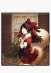  baiguiyu black_eyes blush bow brown_hair coat commentary fur_trim hair_bow leaf light_smile looking_at_viewer mabinogi mittens open_clothes open_coat parted_lips red_bow red_coat red_skirt sack santa_costume short_sleeves skirt solo standing white_bow window 