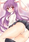  absurdres animal_ears ass bangs black_legwear black_skirt breasts bunny_ears closed_mouth commentary eyebrows_visible_through_hair eyelashes feet_out_of_frame from_side hair_between_eyes highres kneehighs large_breasts light_smile long_hair long_sleeves looking_at_viewer panties pantyshot pleated_skirt purple_hair red_eyes reisen_udongein_inaba ria_(pixiv30053072) shirt skirt solo thighs touhou traditional_media underwear white_panties white_shirt 