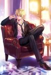  alcohol black_footwear black_neckwear black_pants blonde_hair carnelian chair crossed_legs cup drinking_glass fate/grand_order fate/zero fate_(series) formal full_body gilgamesh highres holding holding_cup indoors lamp looking_at_viewer male_focus messy_hair necktie pants red_eyes shoes sitting smile solo suit table 