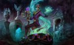  baron_samedi_(smite) belt dark_skin facial_mark feathers flower ghost hat highres jewelry leaf male_focus night night_sky ring simon_eckert skull sky smite snake solo staff statue teeth tombstone voodoo yellow_eyes 