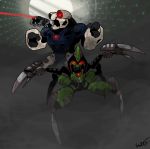  2015 absurd_res ambiguous_gender angry arachnid armor arthropod billspooks bionicle claws digital_drawing_(artwork) digital_media_(artwork) duo frown green_body hi_res humanoid krekka laser lego machine multi_limb multicolored_body nidhiki not_furry open_mouth pointed_feet ranged_weapon red_eyes robot simple_background spider standing teeth weapon 