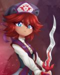  beret blue_eyes commentary_request eyebrows_visible_through_hair flamberge_(kirby) glaring hat heart highres kirby:_star_allies kirby_(series) littlecloudie looking_at_viewer personification red_background red_hair short_hair signature sword weapon 
