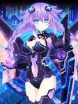  blue_eyes braid breasts cleavage cleavage_cutout commentary_request covered_navel cowboy_shot crystal glowing_crystal hair_between_eyes hair_ornament highres hips holding holding_sword holding_weapon kagura_ittou leotard looking_at_viewer medium_breasts neptune_(series) open_mouth power_symbol purple_hair purple_heart skin_tight solo sword symbol-shaped_pupils thigh_gap thighhighs twin_braids twintails weapon wings 