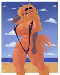  abs anthro beach big_breasts bikini blaziken blue_eyes breasts clothed clothing conditional_dnp eyewear fate_valentine feathers female hair long_hair nintendo pok&eacute;mon pok&eacute;mon_(species) red_feathers seaside signature skimpy sling_bikini solo sunglasses swimsuit video_games wyntersun 