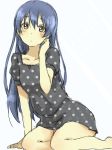  arm_support bangs black_dress blue_hair commentary_request dress hair_between_eyes joint06 long_hair looking_at_viewer love_live! love_live!_school_idol_project polka_dot sitting solo sonoda_umi yellow_eyes 